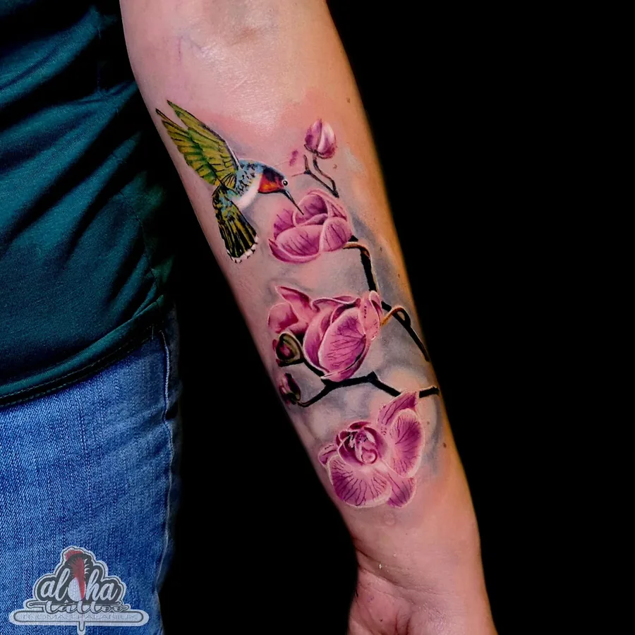 Fine line cherry blossom and hummingbird, by Thomas Palaniuk